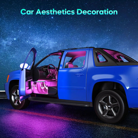 Open car with glowing interior using App Controlled Car LED Interior Lights With USB Power Color Changing Mood Lighting That Syncs To Music