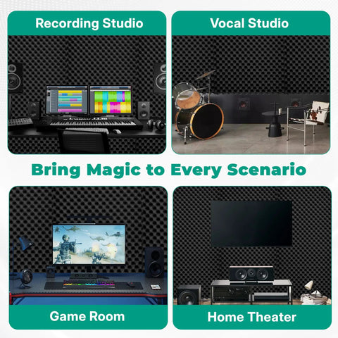 Heavy Duty Soundproof Foam Panels For Walls 4 Pack Acoustic Sound Deadening Tiles in recording studio, vocal studio, game room, home theater.