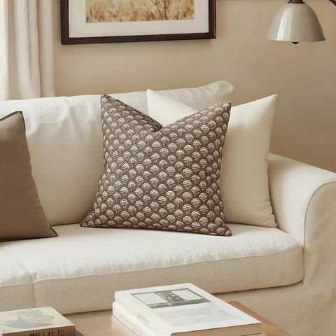 Fall Floral Print Pillow Covers 18x18 In Chocolate Brown For Sofa And Living Room Cozy Decorative Throw Pillow Cases With Rich Vibrant Colors And Eye Catching Style. Chocolate brown patterned pillow cover on cream sofa