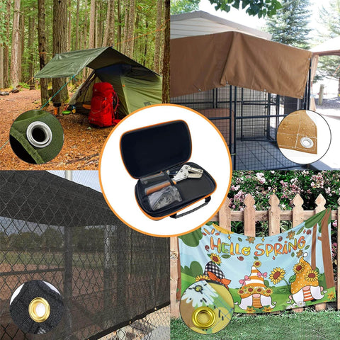 Collage showing Heavy Duty Grommet Kit For Tarp Repair And Installation, includes tool bag, pliers, grommets on various tarps and fabrics