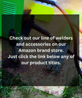 Welders and accessories on a grassy surface with cables from an Amazon brand store promotion