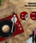 Cool Red Belt Drive Turntable For Vinyl Records With Bluetooth Output Connection Compatible With Active Speakers and Wireless Headphones stylish design showcasing speed buttons and a vinyl record.