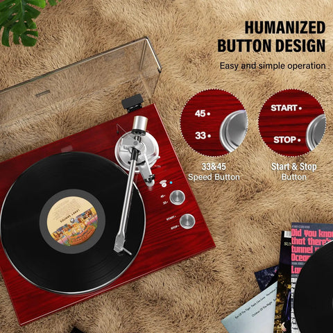 Cool Red Belt Drive Turntable For Vinyl Records With Bluetooth Output Connection Compatible With Active Speakers and Wireless Headphones stylish design showcasing speed buttons and a vinyl record.