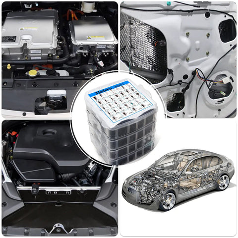 Hella Universal Car Retainer Clips 1101 Piece Kit showing variety of clips and vehicle interior components for easy trim installation.