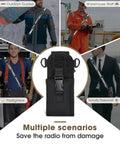 Rugged Radio Holster Set With Adjustable Wide Reflective Strap Metal Clips And Movable Mic Holder Anti Sway Strap in use by various professionals