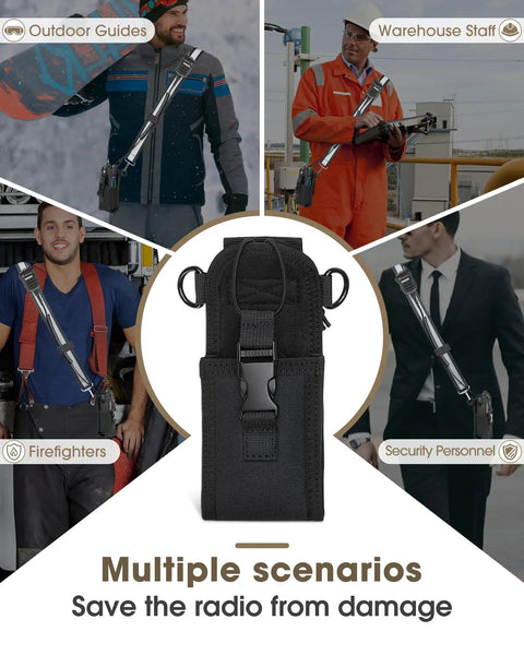 Rugged Radio Holster Set With Adjustable Wide Reflective Strap Metal Clips And Movable Mic Holder Anti Sway Strap in use by various professionals