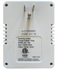 Back view of Battery Charger Timer With Set It And Forget It Dial System, showing ETL certification, plugs, and model details.