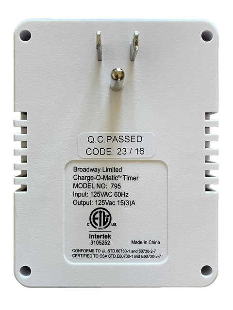 Back view of Battery Charger Timer With Set It And Forget It Dial System, showing ETL certification, plugs, and model details.