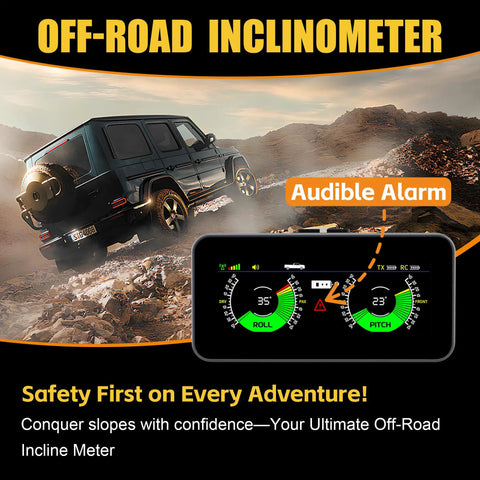 Two In One Wireless RV Leveling System And Off Road Inclinometer with screen display, vehicle on rocky terrain