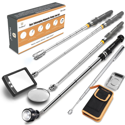 7 Piece Telescoping Magnetic Pickup Tool Set With 1 Pound And 5 Pound Magnet Sticks, 360 Degree Swivel Inspection Mirror, Parts Tray
