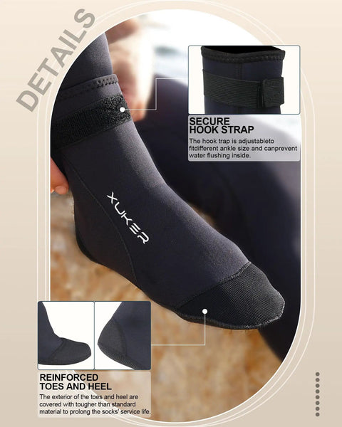 Close-up of 3mm Neoprene Water Socks with secure hook strap and reinforced toes and heel, ideal for beach and outdoor sports.