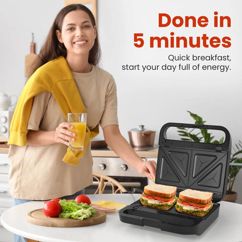 Royalcraft 3-in-1 Electric Sandwich Maker & Waffle Grill, 850W Panini Press showing sandwiches being prepared.