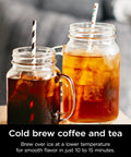 Cold brew coffee and tea in mason jars with straws