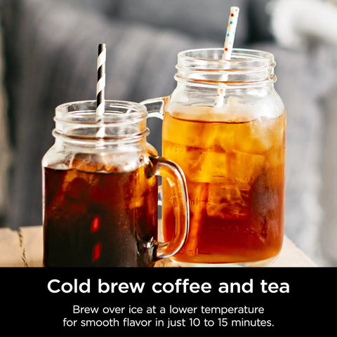 Cold brew coffee and tea in mason jars with straws