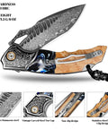Damascus Steel Folding Knife With Resin Fusion Maple Wood Handle 8 Inch EDC Pocket Knife with intricate 67-layer blade and clip