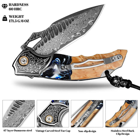 Damascus Steel Folding Knife With Resin Fusion Maple Wood Handle 8 Inch EDC Pocket Knife with intricate 67-layer blade and clip
