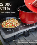 Triton Two Burner Propane Camp Stove with wind guards, cooking vegetables in a pan and boiling in a pot, 22,000 BTU power
