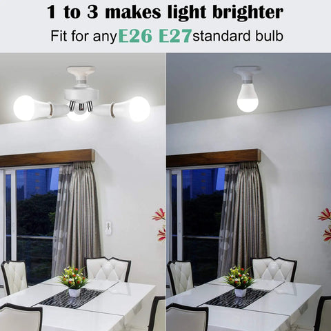 Remote Control 3 In 1 Light Socket Splitter E26 E27 Adapter For Standard LED Bulbs showing brightness comparison in dining room