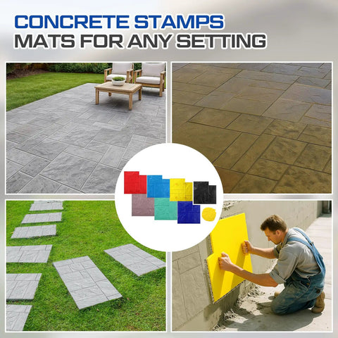 Eight Piece Concrete Stamping Mats Set With Reusable Polyurethane Texture Mats for patios, floors, driveways, and walkways.