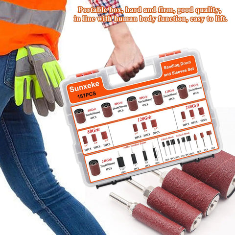 187 Piece Sanding Drum Kit For Drill And Drill Press With Grit Sleeves And Rubber Drums in portable case held with gloved hand.