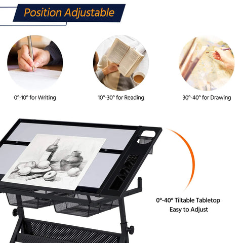 Adjustable Drafting Desk With Stool Multifunction Artist Table for Home Studio with tilt angles for writing, reading, drawing.