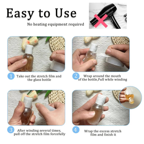 Next Level Stretchable Shrink Film Roll For Bottles Jars Cans Non Heated Cold Seal Bulk Packaging Supply shown in usage steps.