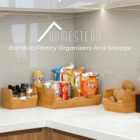 Stackable Bamboo Pantry Storage Bins Featuring Smooth Pull Out Trays for organizing snacks and spices on kitchen counter.