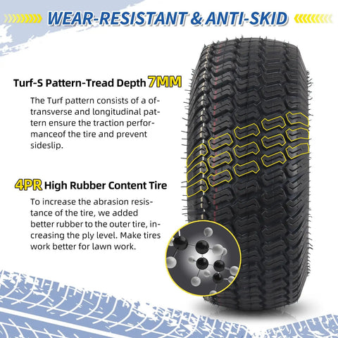 Side view of 15x6.00-6 Lawn Mower Tires and Wheels 2 Pack Tubeless 4 Ply 3 Inch Offset Hub showcasing tread and rubber quality.