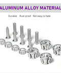 Fresh Bling Crystal Rhinestone License Plate Screws Pack of Four Anti Theft Fastener Kit With Slick Aluminum Alloy Decorative Bolts showing white aluminum bolts and rhinestones.