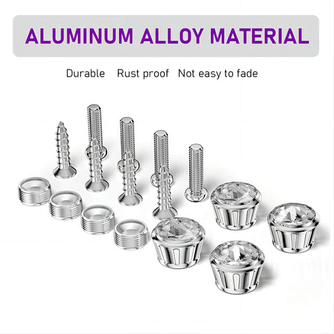 Fresh Bling Crystal Rhinestone License Plate Screws Pack of Four Anti Theft Fastener Kit With Slick Aluminum Alloy Decorative Bolts showing white aluminum bolts and rhinestones.