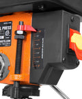 Smooth Rolling Five Speed Benchtop Drill Press Packing A Beefy 2.3 Amp Motor And Sturdy Cast Iron Base showing depth stop adjustment and controls.