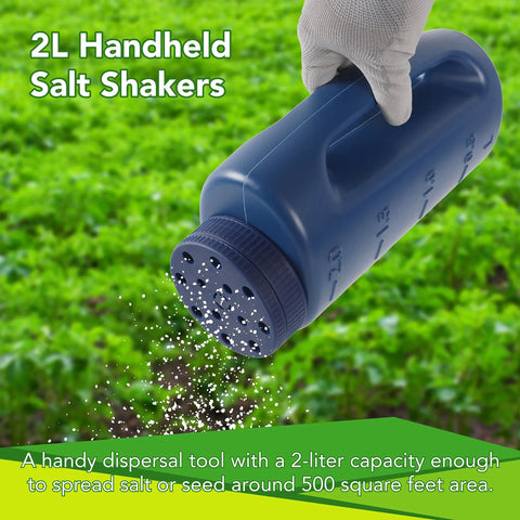 2L Handheld Spreader Set With Adjustable Dial And 7 Opening Modes For Seeds Fertilizer Salt And More Includes Two Scoops Green And Blue The Handy Yard Workhorse For Home Garden Or Farm Use, being used in a field