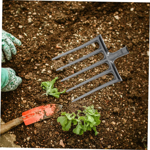 Heavy Duty Steel Garden Fork For Soil Loosening And Deep Soil Turning near seedlings, showing 4-tooth design on dirt
