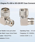 Right Angle UHF Male to Female Adapter Set 2 Pack, 90 Degree PL259 to SO239 RF Coax Connectors, 50 Ohm, gold-plated pin