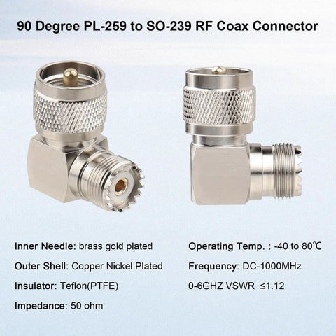 Right Angle UHF Male to Female Adapter Set 2 Pack, 90 Degree PL259 to SO239 RF Coax Connectors, 50 Ohm, gold-plated pin