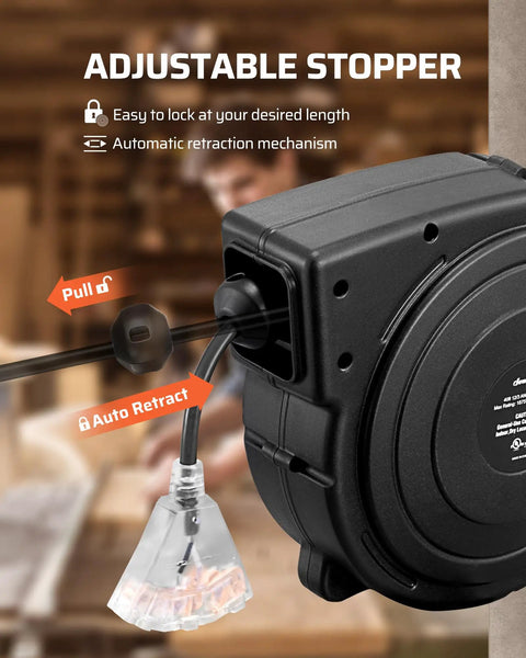 Heavy Duty 50 Ft Retractable Extension Cord Reel With 3 Grounded Outlets Lit Triple Tap 13 Amp Circuit Breaker