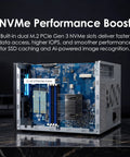 Inside view of a Heavy Duty Eight Bay Network Attached Storage showcasing dual M.2 PCIe Gen 3 NVMe slots for enhanced performance.