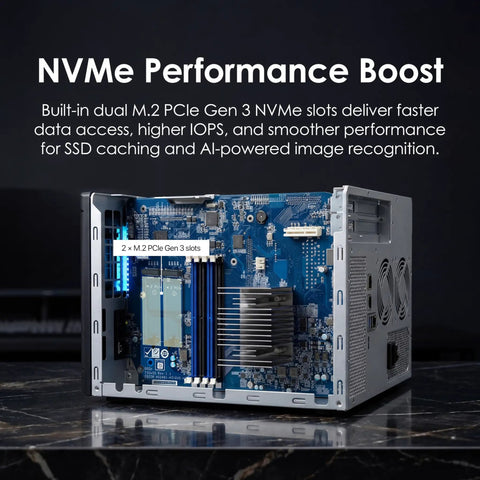 Inside view of a Heavy Duty Eight Bay Network Attached Storage showcasing dual M.2 PCIe Gen 3 NVMe slots for enhanced performance.