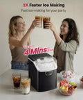 Two people celebrating with drinks beside Nugget Ice Maker Countertop With Handle Ready In Four Minutes Produces Up To Forty Pounds Per Day Chewable Sonic Ice Self Cleaning Portable Ice Maker With Basket And Scoop For Home Party RV Camping Black