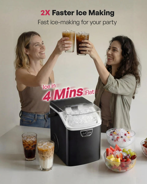 Two people celebrating with drinks beside Nugget Ice Maker Countertop With Handle Ready In Four Minutes Produces Up To Forty Pounds Per Day Chewable Sonic Ice Self Cleaning Portable Ice Maker With Basket And Scoop For Home Party RV Camping Black