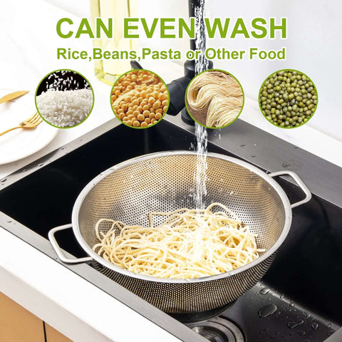 Stainless Steel Colander 3 Quart Strainer For Kitchen Food Prep Dishwasher Safe Easy Rinse draining pasta in sink