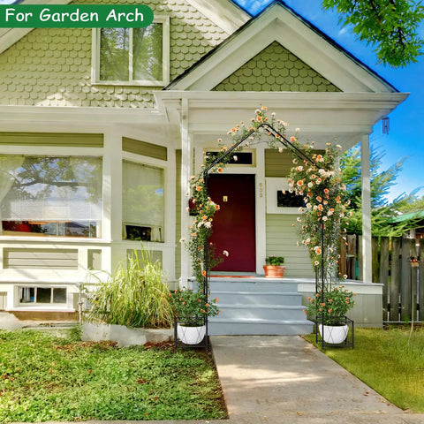 Metal Garden Arch Trellis For Climbing Plants Outdoor 8.2 Ft Tall Arbor With Planter Boxes in front of a green house