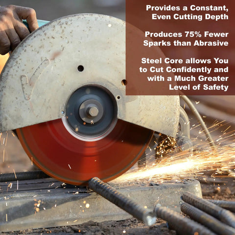 Using a Heavy Duty Diamond Cut Off Wheel 12 Inch For Metal Cutting All Purpose Diamond Blade Vacuum Brazed cutting rebar.