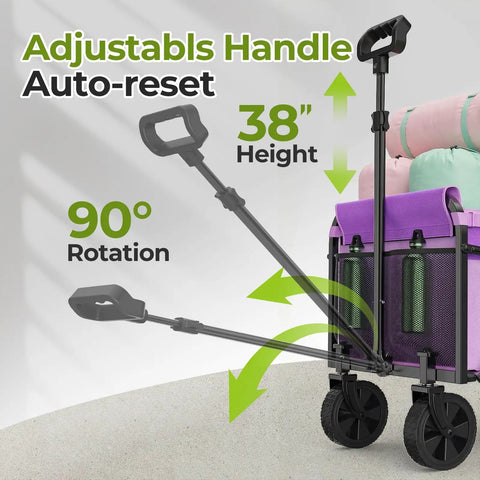 Close-up of Purple Collapsible Wagon Cart With Wheels Heavy Duty Folding Utility Cart 220 Lb Capacity Portable Grocery Cart handle