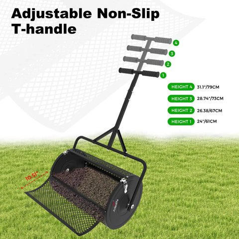 Heavy Duty 24 Inch Compost Spreader for lawn and garden with all iron build, adjustable non-slip T-handle, four height settings
