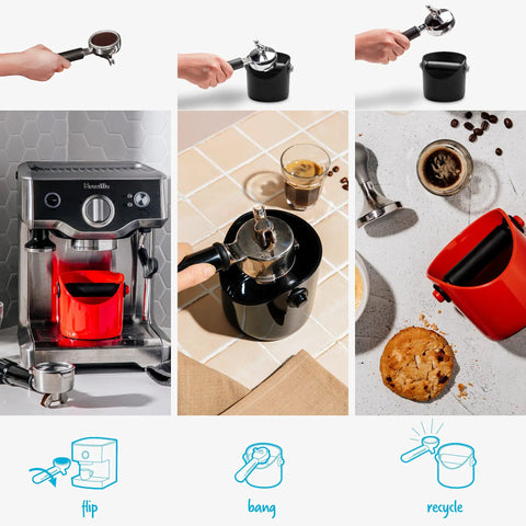 Grindenstein Espresso Knock Box Sturdy and Compact Black Coffee Grounds Container with portafilter espresso setup, shown in different uses.