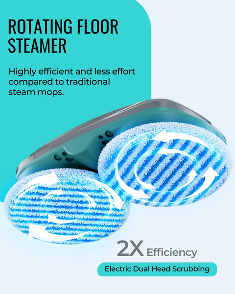 Rotating floor steamer scrubber pads showcasing 2x efficiency for Heavy Duty Steam Mop And Electric Floor Steamer Scrubber With Rapid Electric Spin Pads For Hardwood Tile Laminate And Vinyl Kicking Grime To The Curb And Delivering A No Sweat Deep Clean Daily.