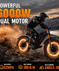 Real Deal Dual Motor Electric Bike 6000W 52 MPH Heavy Duty Adult Ebike in action on rugged terrain with glowing wheel rims.