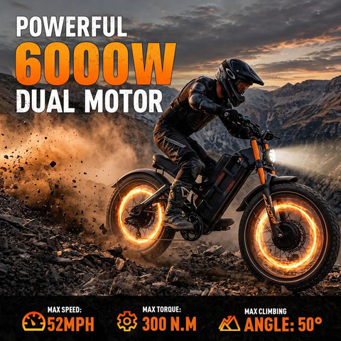 Real Deal Dual Motor Electric Bike 6000W 52 MPH Heavy Duty Adult Ebike in action on rugged terrain with glowing wheel rims.