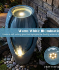 32 Inch Outdoor Jar Water Fountain With LED Lights, Vintage Blue Cracked Jar Design, shown on a patio with illuminated water flow.